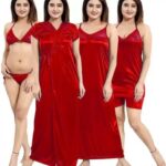৬ পিস সাটিন নাইটওয়্যার সেট - লাল